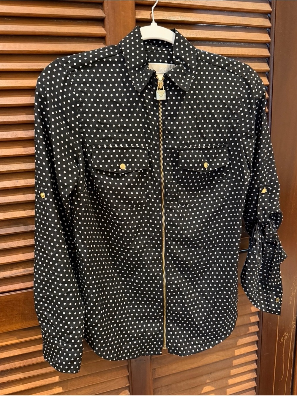 Michaels Black and White Polka Dot Zip-Front Top with Gold Trim